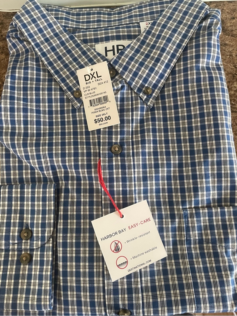 NWT- Harbor Bay Navy and White Plaid Button-Down Shirt